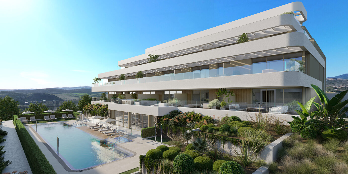 Exclusieve moderne appartementen van Celestia Homes in Arroyo Enmedio, Estepona, met uitzicht op de Middellandse Zee, omgeven door weelderige tuinen, een centraal zwembad en luxe voorzieningen